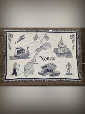 VTG Rare Unbranded Norge Norway 🇳🇴 Themed Tapestry Blanket With Fringe